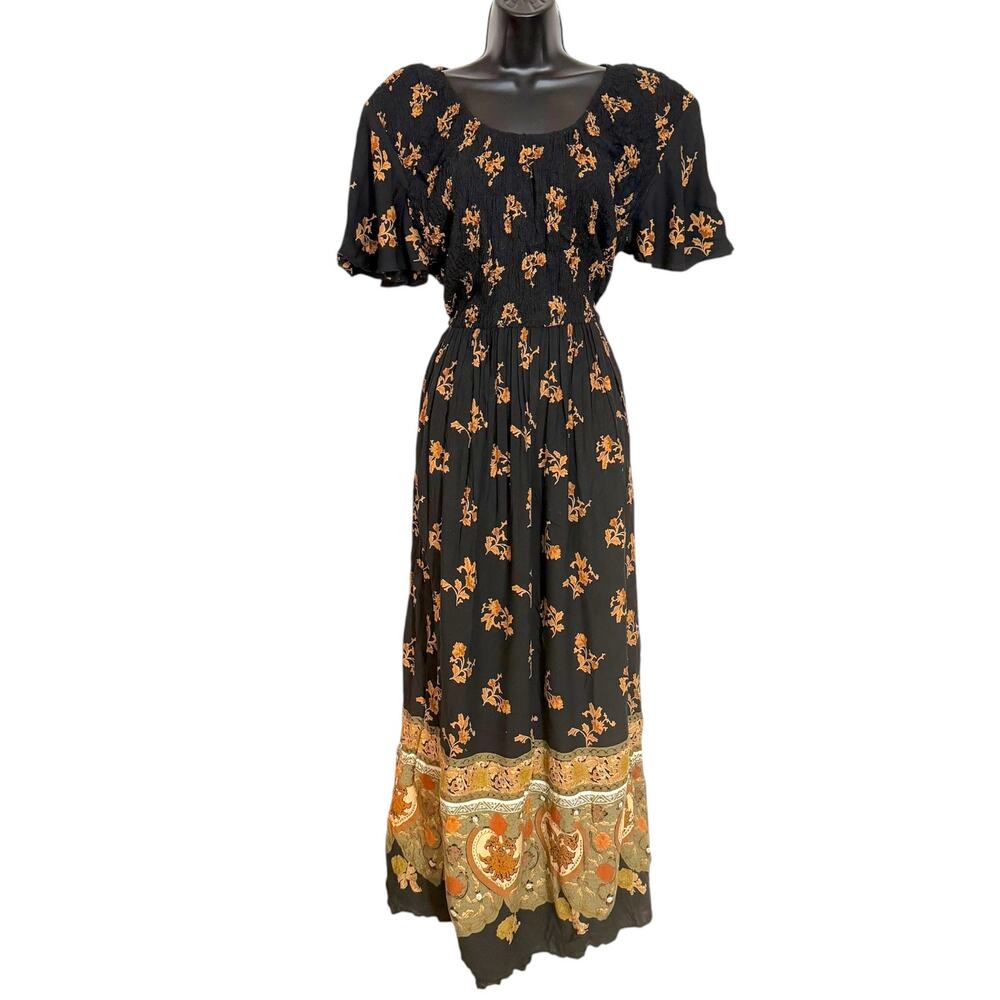 Vtg 90s S.L. Fashions Rayon Smocked Bodice Maxi Dress Whimsigoth Boho Grunge L